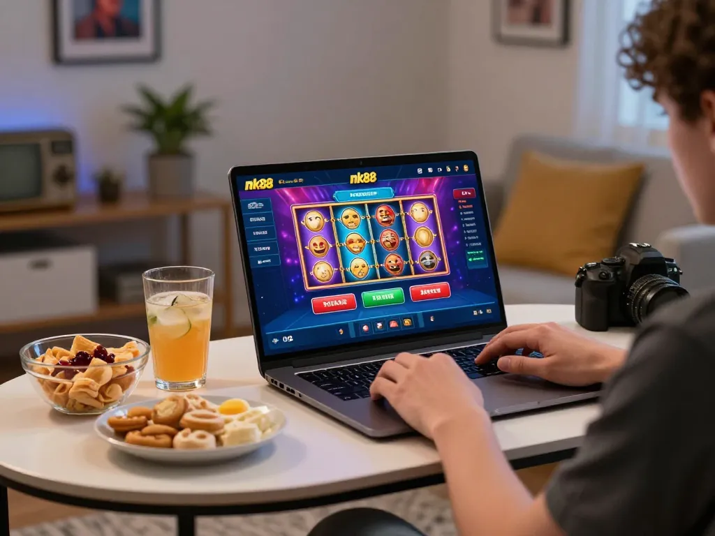 Engaging user playing nk88 app on laptop, showcasing online casino gaming experience in a cozy home.