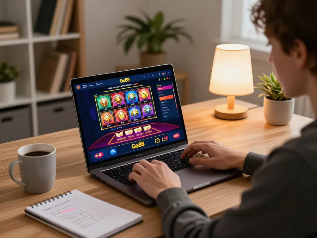 Engaging scene where players actively play Go88 online casino on a laptop, showcasing colorful games.