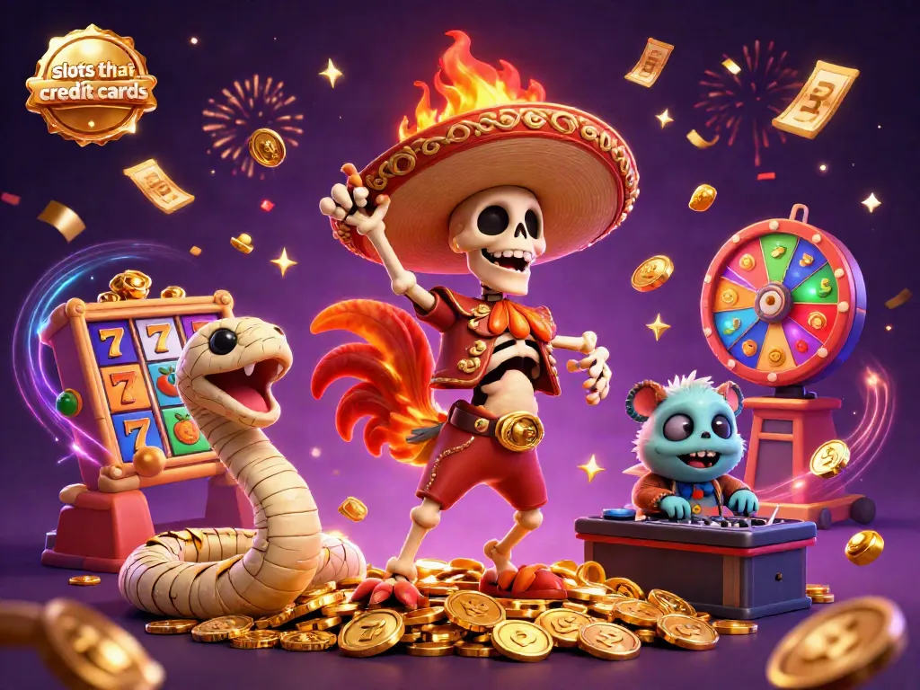 Engaging scene of slots that accept credit cards with vibrant characters celebrating over golden coins.