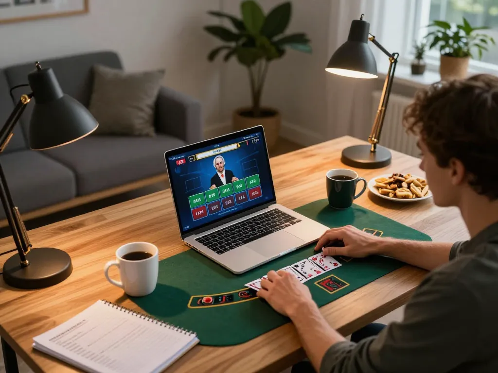 Engaged player using say88 com for live dealer blackjack in a cozy home office