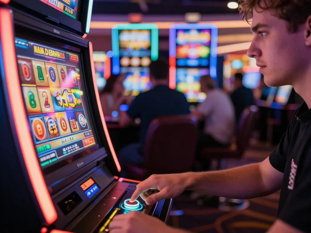 Excited player at IDCASH88 enjoying a slot game, showcasing vibrant casino atmosphere.