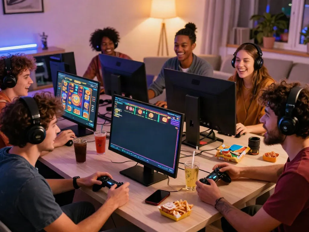 Akujnj gaming scene with friends playing exciting slot games in a cozy atmosphere.