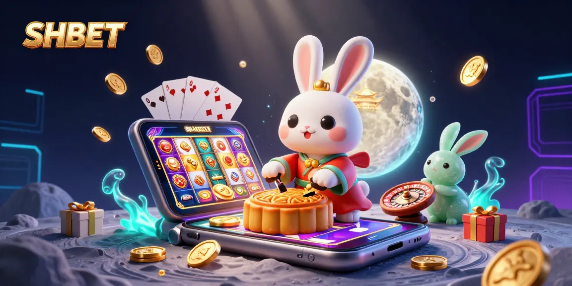 SHBET showcases a magical scene with a moon rabbit celebrating poker and casino excitement.