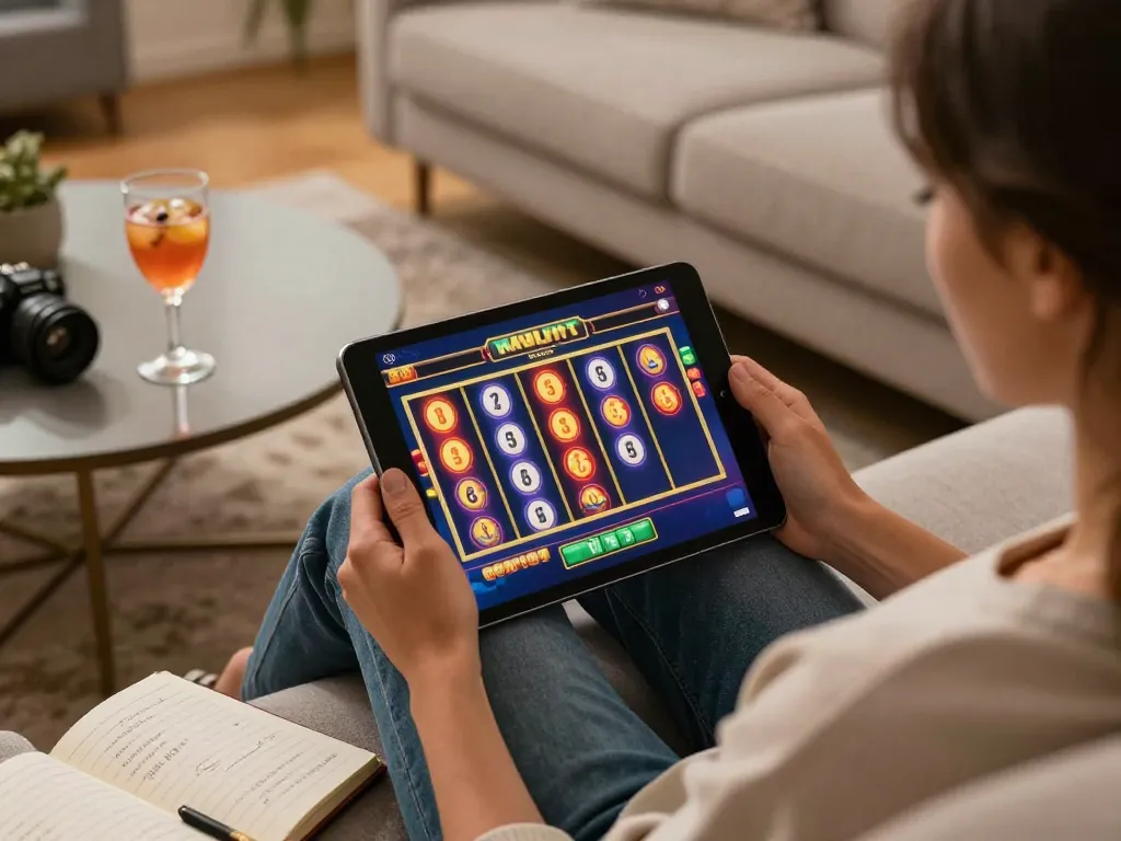 Engaging gameplay on a God55 online casino app with vibrant slot game display, cozy home ambiance.