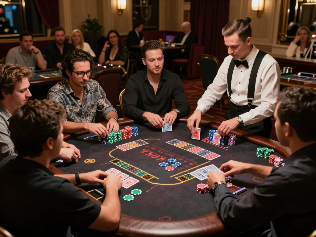 Players strategically betting in a live dealer game at May88's luxurious casino environment.