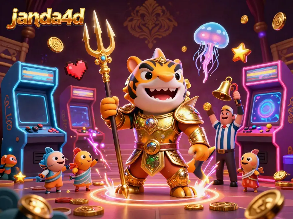 Permainan slot yang menarik di bawah laut dengan karakter janda4d, harimau hiu, dan mesin arcade bersinar.