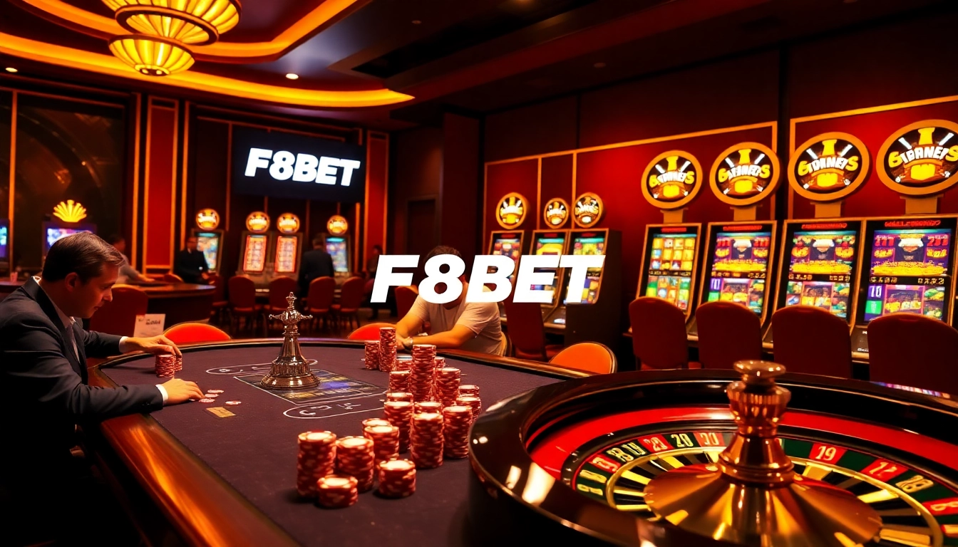 F8BET players strategizing at an elegant poker table with vibrant chips and roulette excitement.