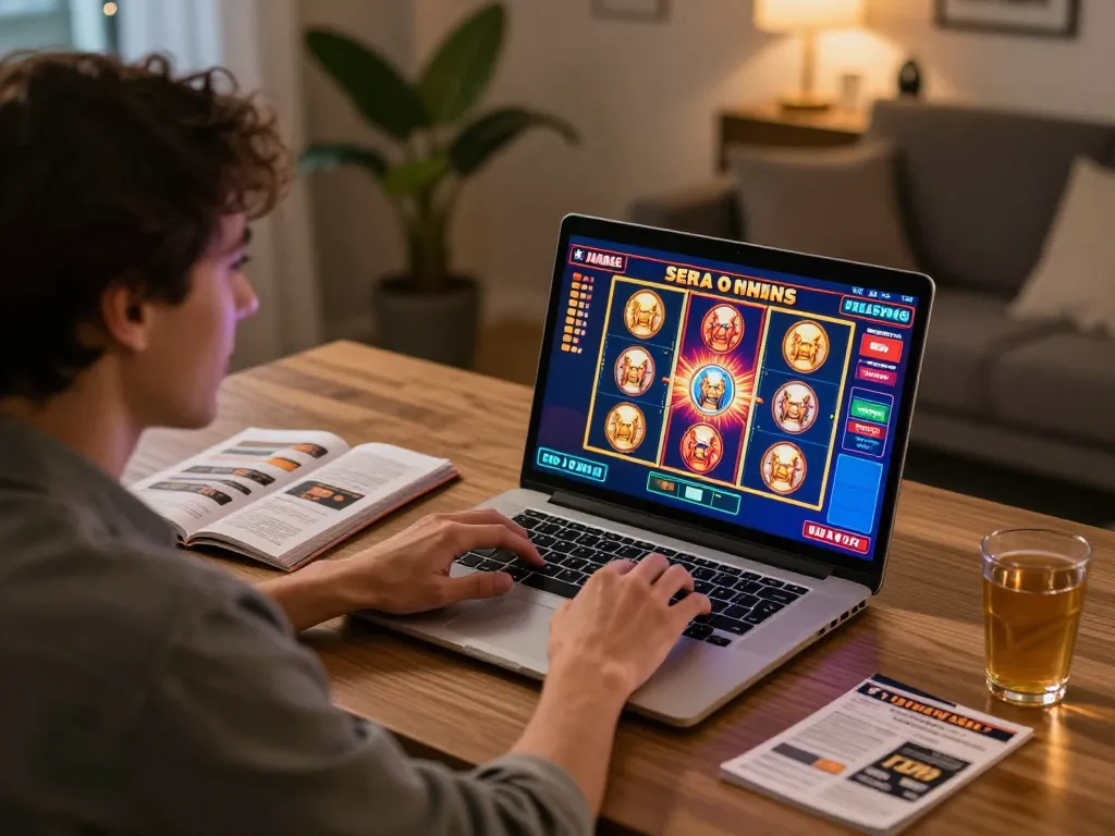 Engaging experience at Canada online casinos with a player enjoying a colorful slot game on a laptop