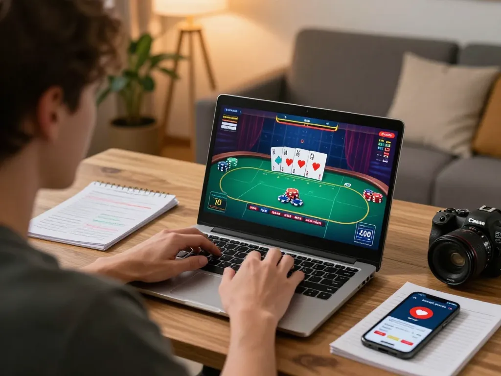 Player engaged in online gaming at 888newcasino with laptop displaying live poker.