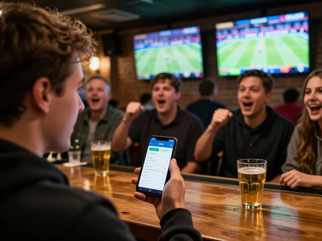 Engaged sports fan using the zbet bet app for live sports betting in a vibrant bar.