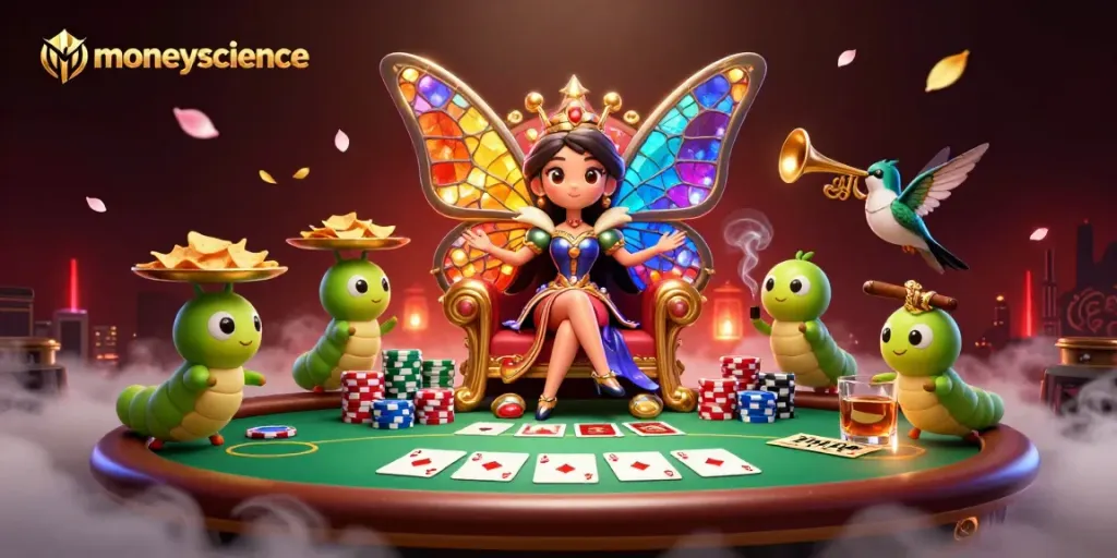 Moneyscience menawarkan ilustrasi 3D yang kaya detail, menampilkan ratu kupu-kupu dan elemen perjudian.