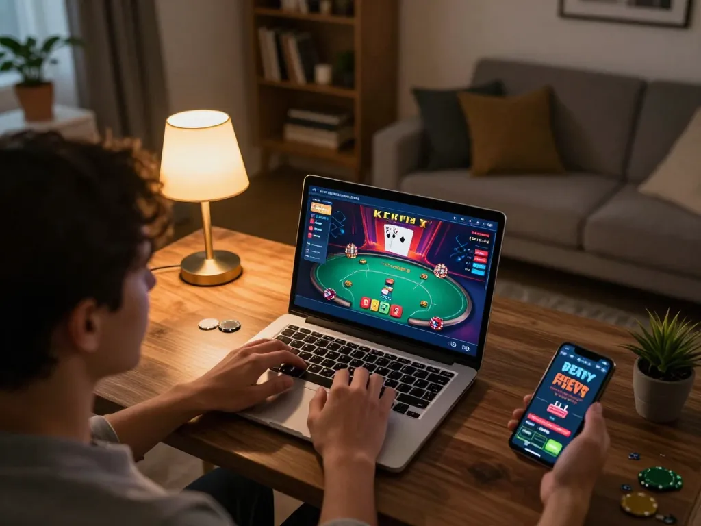 ku88 player engaging with an online casino game on a laptop in a cozy living room.