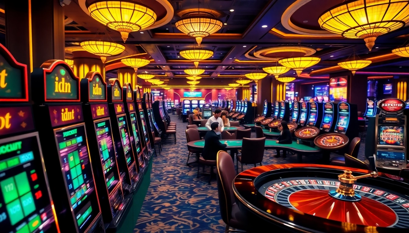 Exciting idn slot casino scene with vibrant lighting and active gaming tables.