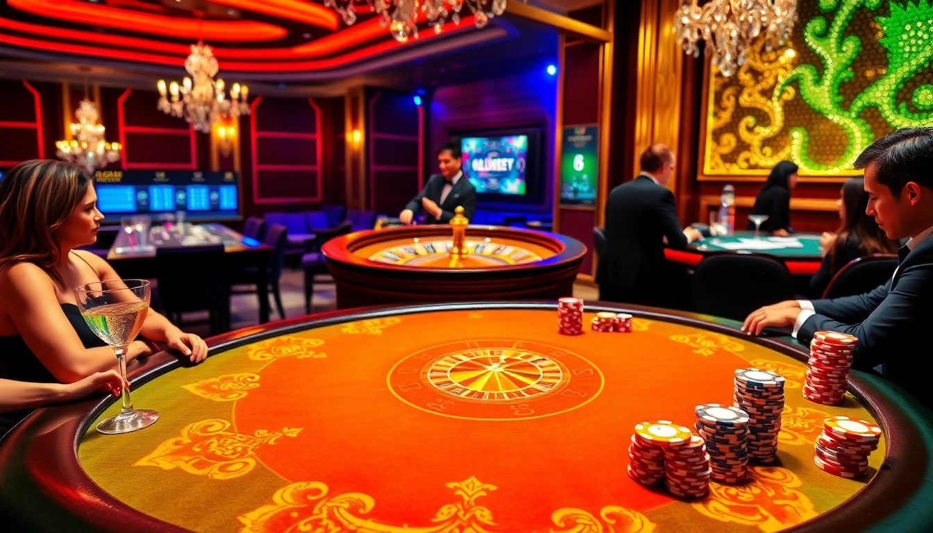 High-stakes poker action at https://mmoo1.de.com/ with vibrant chips, a spinning roulette, and elegant players.