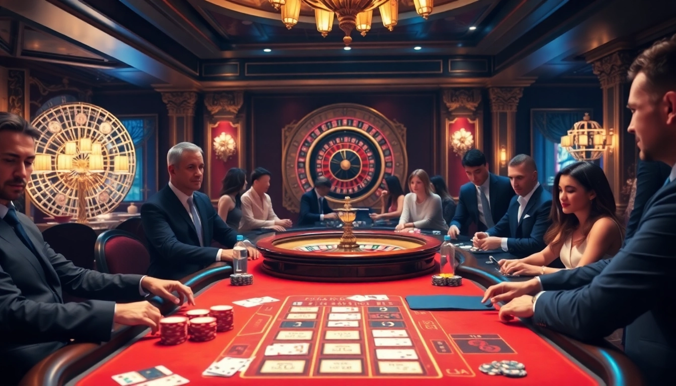Excited players at a luxury poker table showcasing https://bem88.com in a glamorous casino setting.