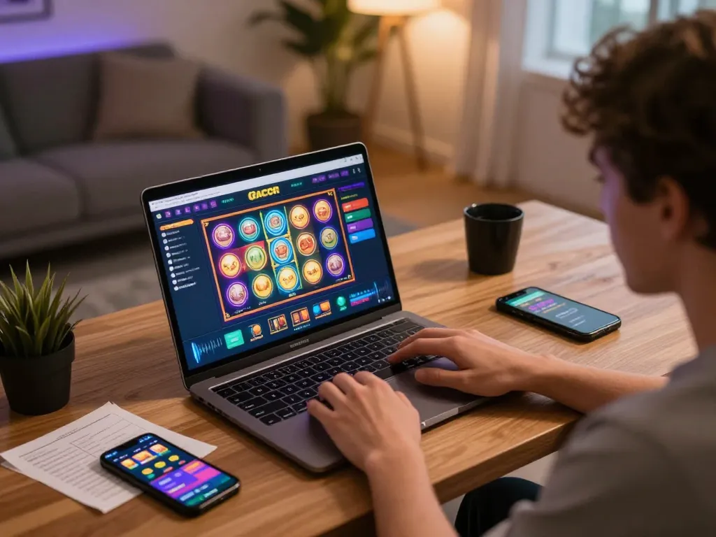 Playing slot gacor on a laptop in a cozy home setting, showcasing excitement and strategy.