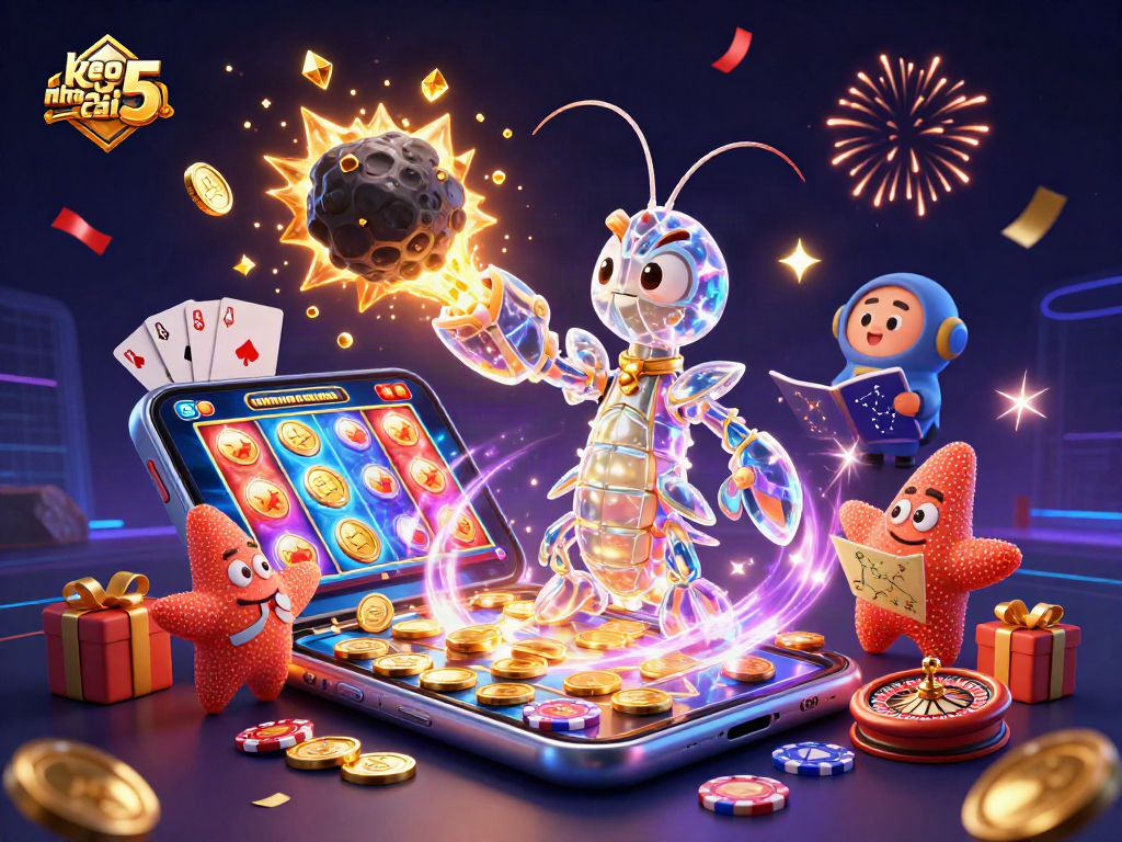 Engage with keo nha cai 5 while watching a vibrant scene of a galactic samurai shrimp celebrating with golden gems and coins.