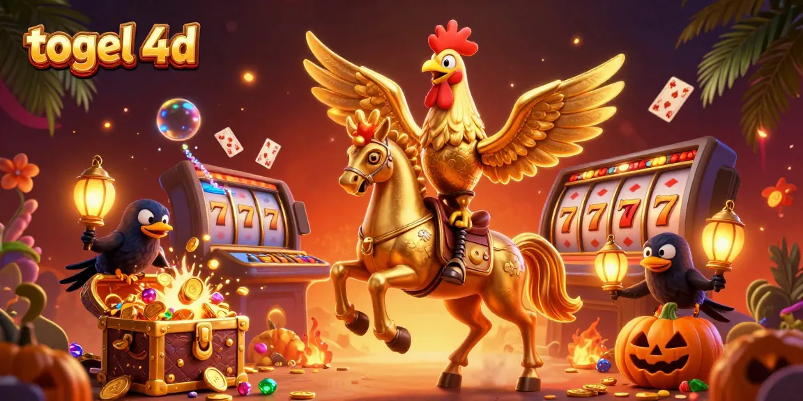 Experience togel 4d thrills with a golden rooster and spectral horse in a vibrant casino scene.