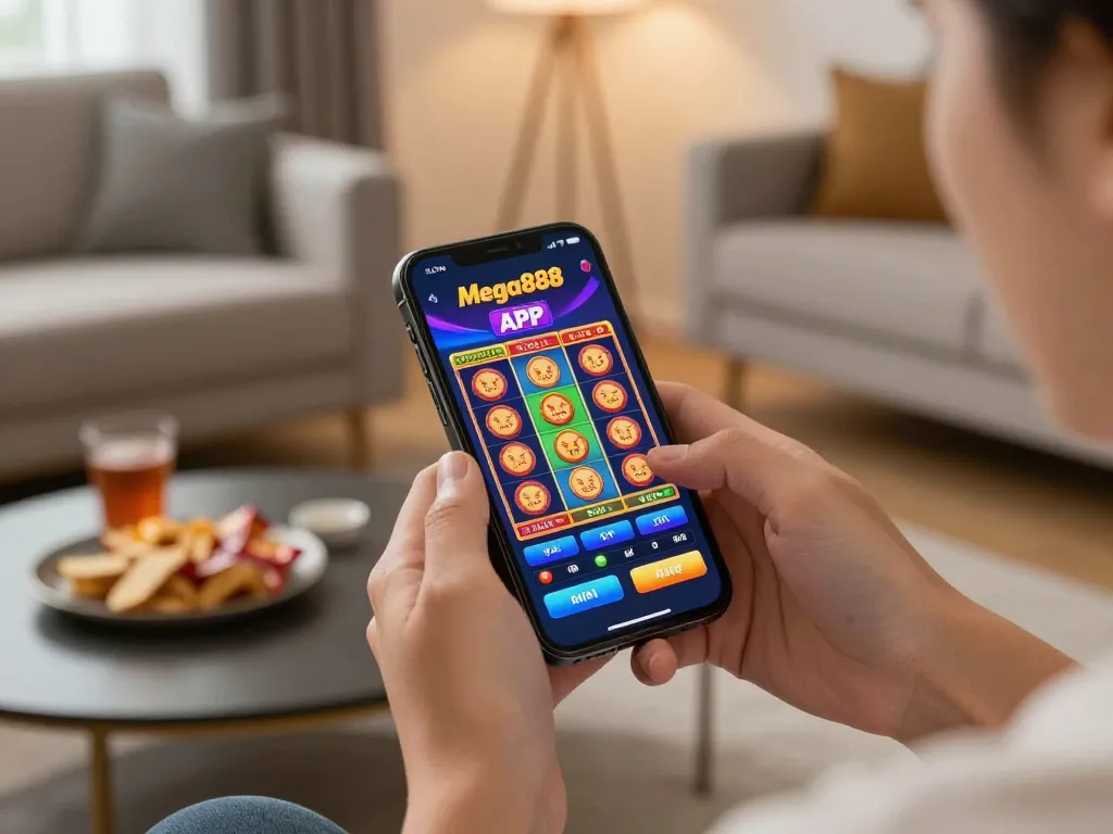 Mega888 apk download for android mobile shown on smartphone screen during exciting gameplay.