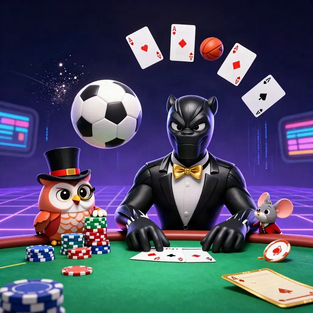Panther, owl and mouse with chips as a soccer ball and cards burst in neon casino light