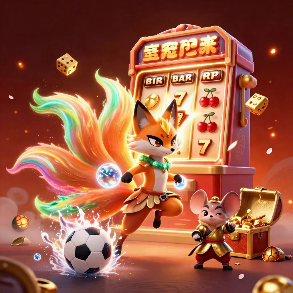 Fox spirit and armored mouse amid exploding casino symbols, balls, and glowing embers.