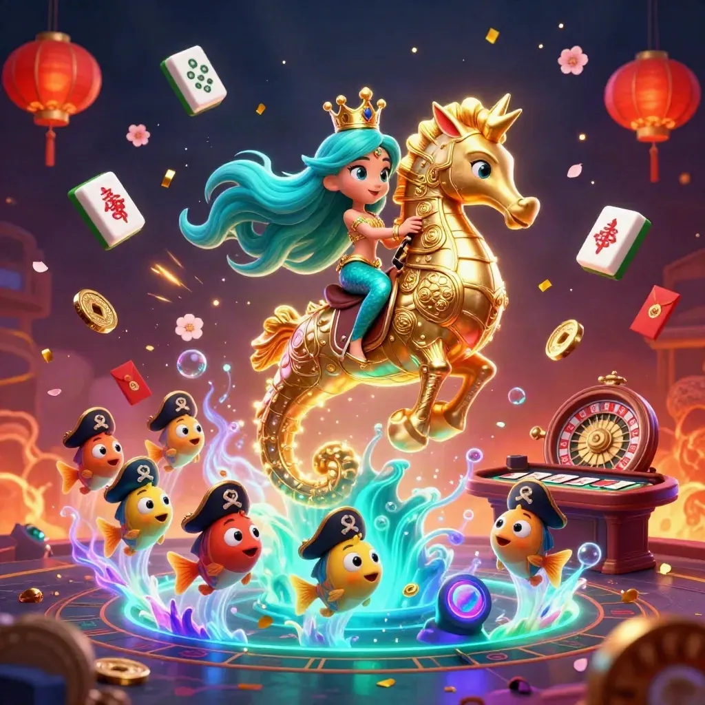 Mermaid princess on a golden seahorse amid casino magic, fish, lanterns, coins, and neon glow.