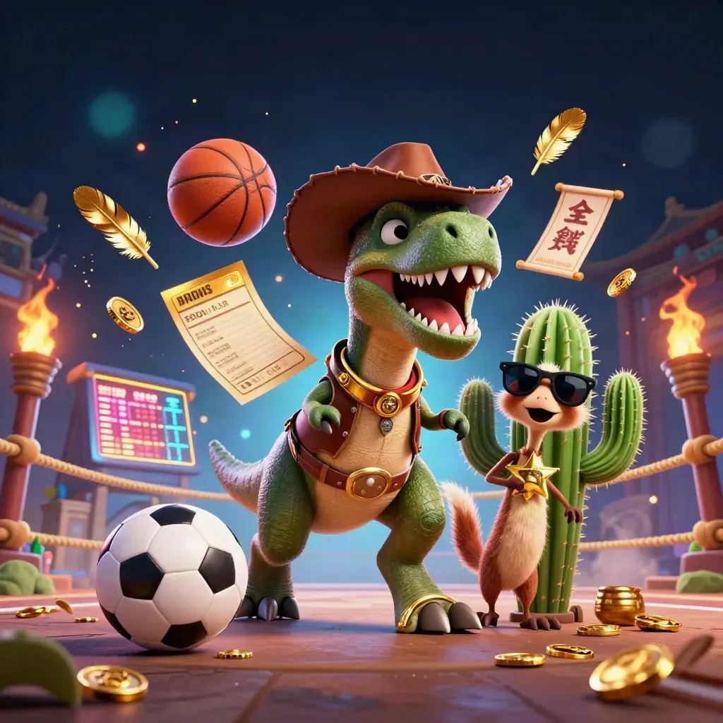 Cowboy T-Rex, cactus and roadrunner burst around sports gear in casino lights.
