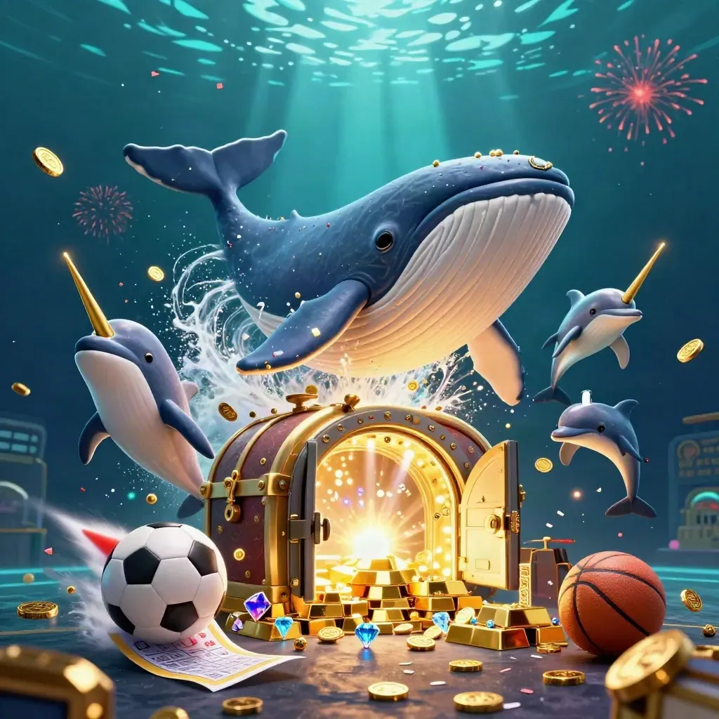 Whale, narwhal and dolphins burst through gold coins with sports balls and casino treasure underwater.