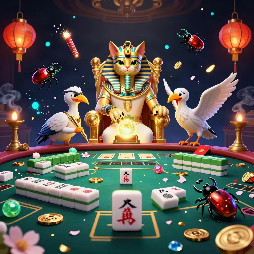 Pharaoh cat, ibis scribe, scarabs, and casino luxuries in a glowing navy-gold fantasy scene.