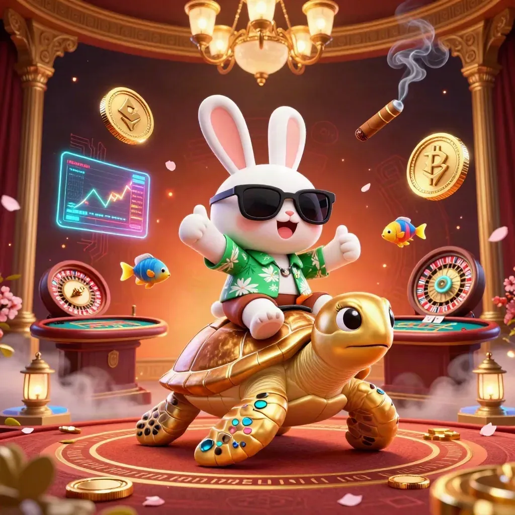 Lucky rabbit on a golden turtle amid casino glam, coins, lightning, runes, and warm smoke glow.