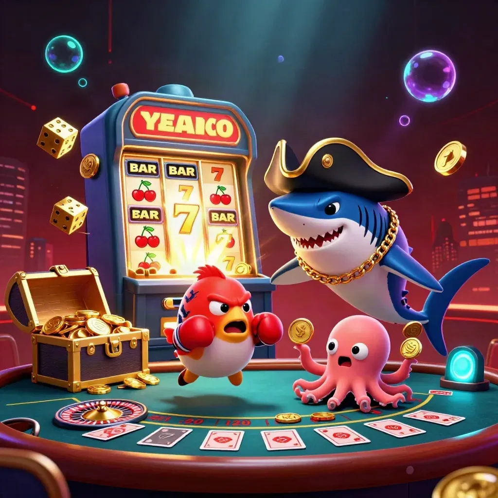 Pirate shark, pufferfish, and baby octopus amid jackpot rays, dice, and neon casino glow.