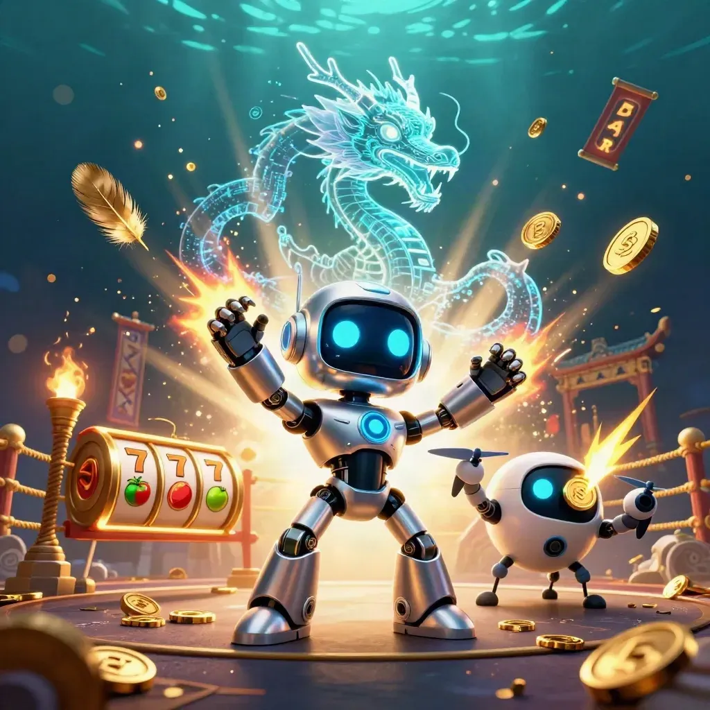 Cyberpunk robot, holographic dragon, and coin drone burst through a temple ring with gold and embers.