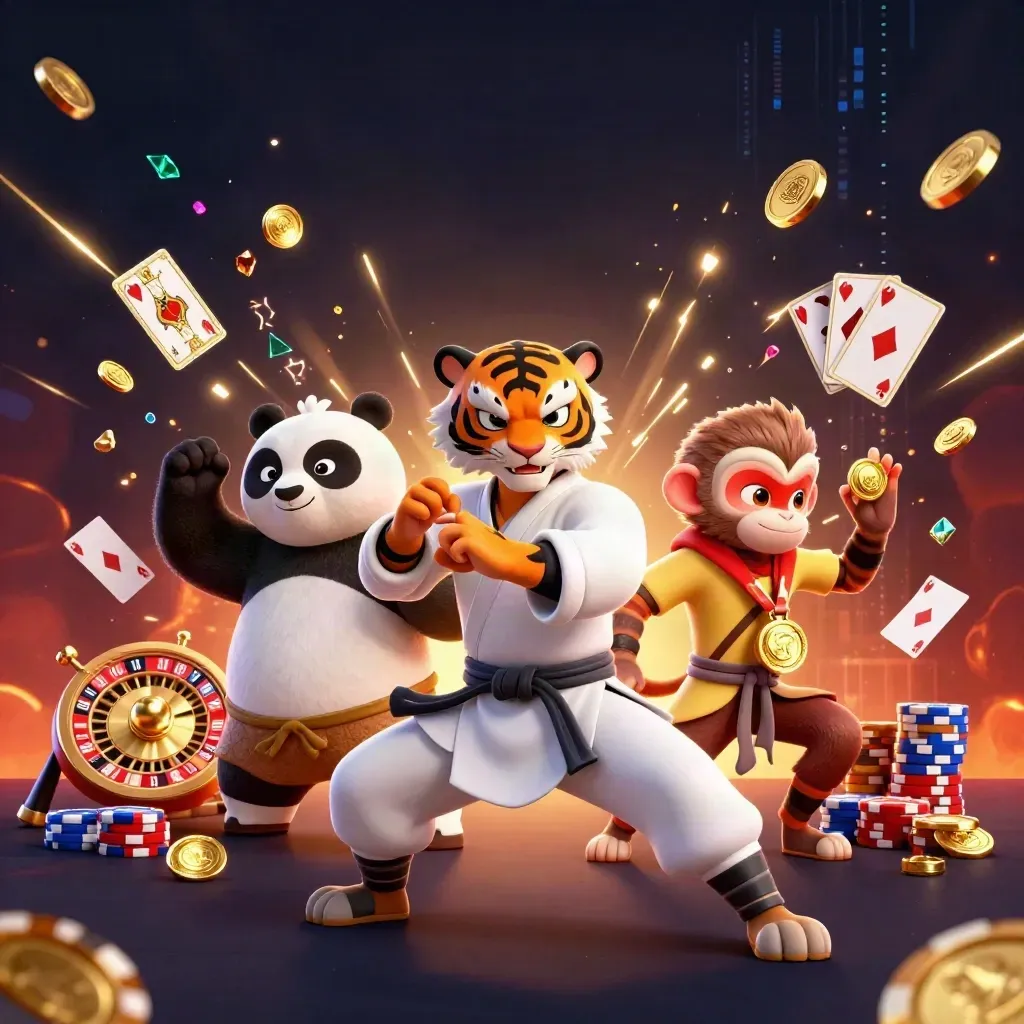Tiger, panda, and monkey martial-arts heroes amid gold coins, gems, and casino energy.