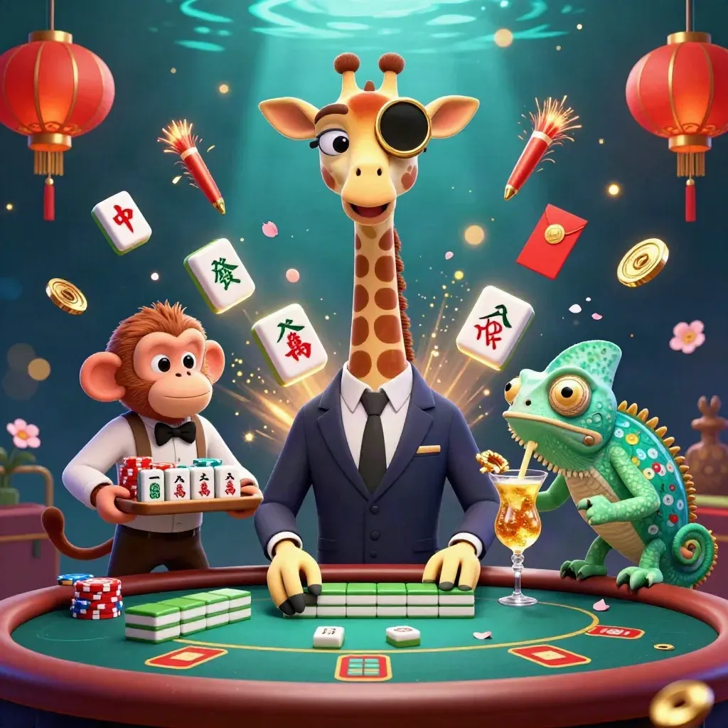 Giraffe, monkey, and chameleon in a glowing underwater casino burst with coins and lanterns.