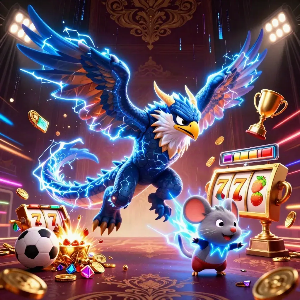 Thunder dragon, wind hawk, and thunder-mouse burst amid casino loot and neon energy.