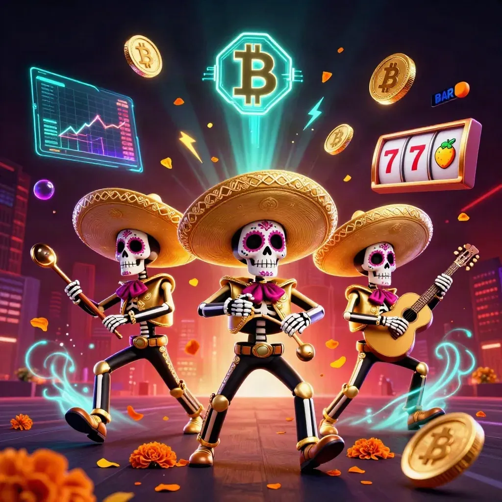 Day-of-the-Dead mariachi skeleton trio amid neon coins, slot symbols, and electric casino effects