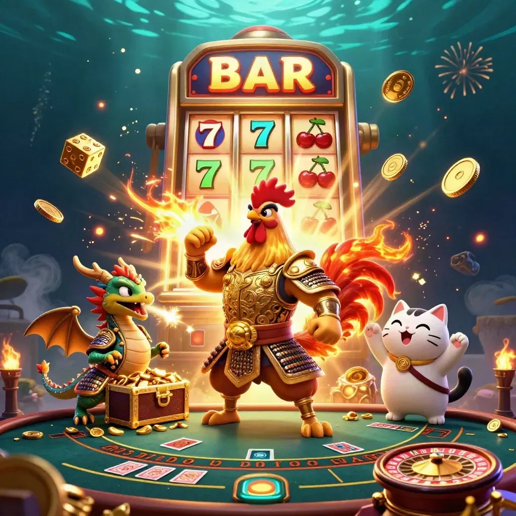 Rooster samurai, dragon hatchling, and fortune cat amid exploding slot jackpots and gold