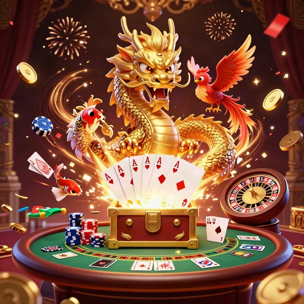 Golden dragon, phoenix, koi and casino treasures explode in a luxury casino scene.