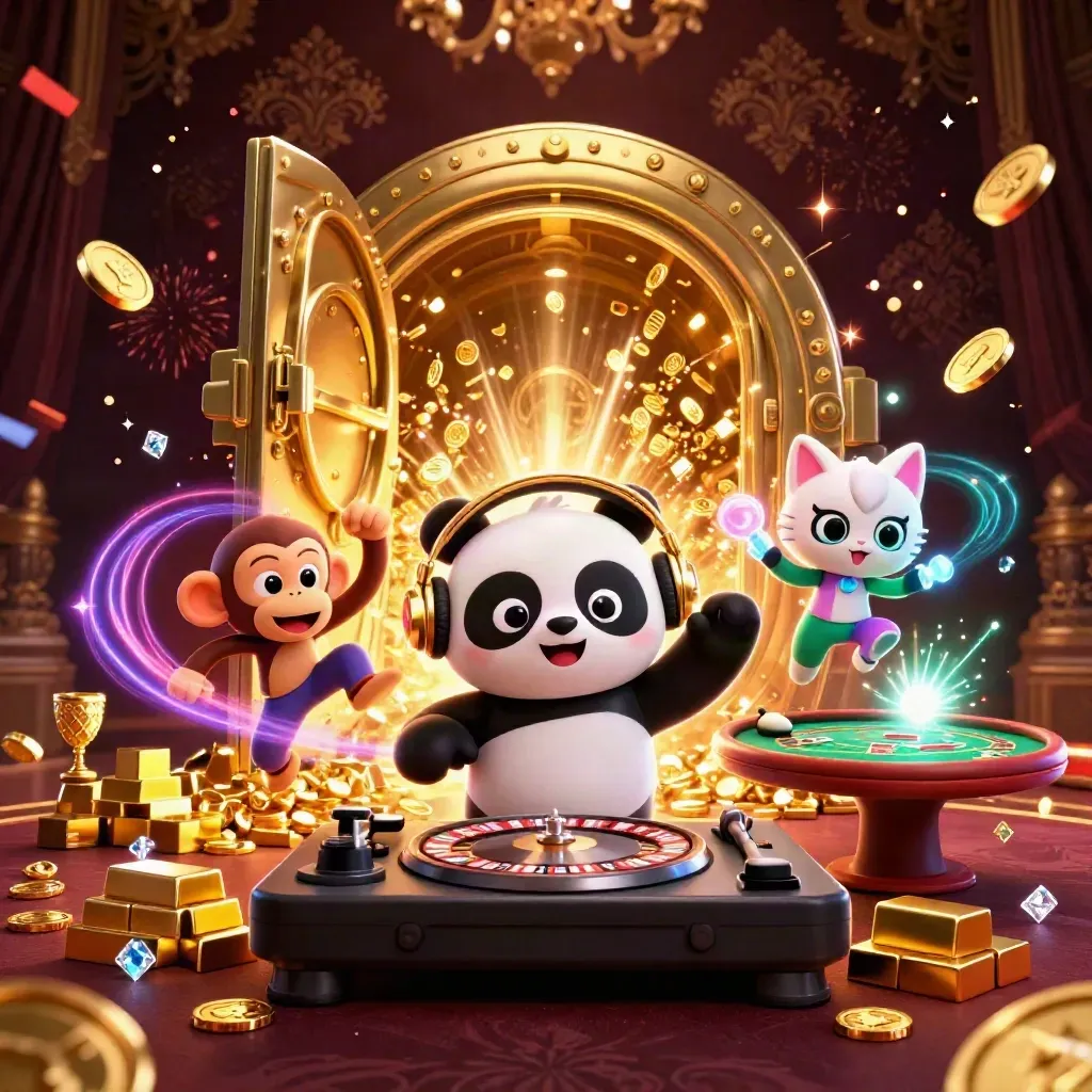 DJ panda, breakdancing monkey, and glow-stick kitten burst from a treasure vault in casino glam.