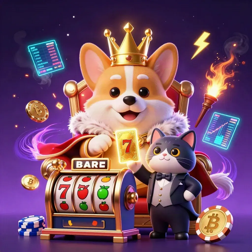 Royal corgi and cat butler amid casino chips, coins, lightning, and glowing slot symbols.