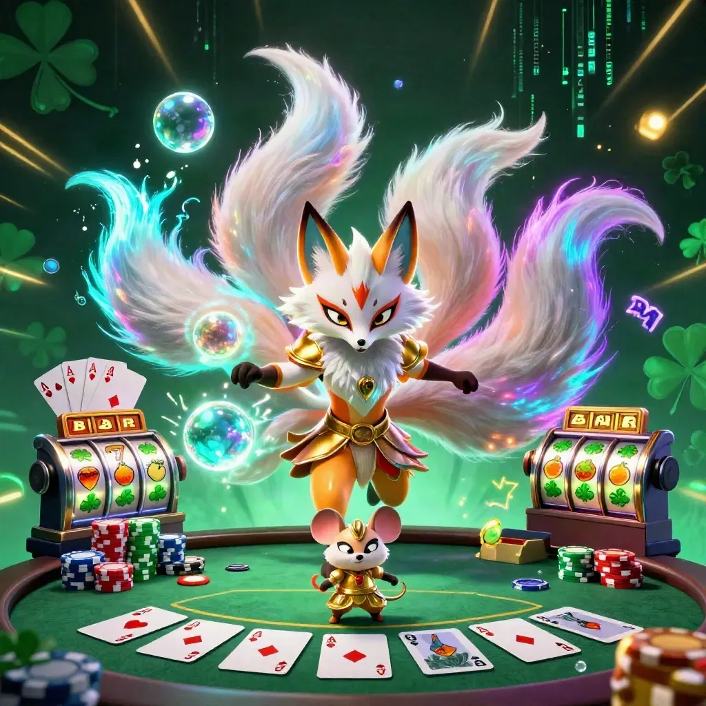Nine-tailed fox spirit and samurai mouse amid casino chips, cards, reels, and neon energy.