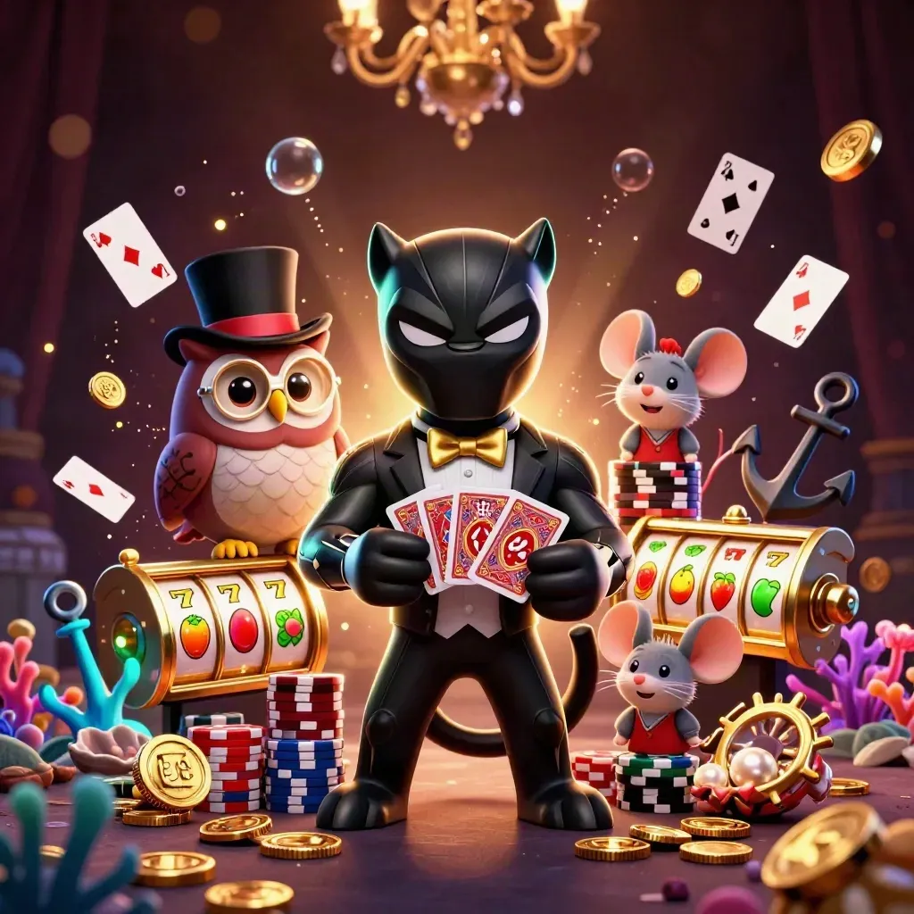 Black panther, owl, and mouse amid casino treasures, reels, bubbles, gold glow, dark luxe backdrop.