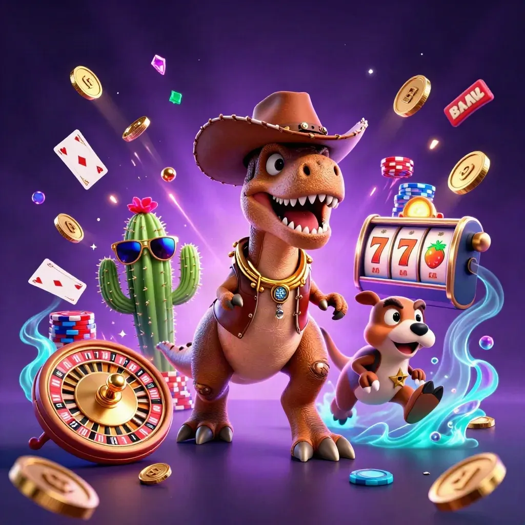 Cartoon cowboy T-Rex, cactus, and roadrunner amid casino chips, coins, reels, and glowing magic.