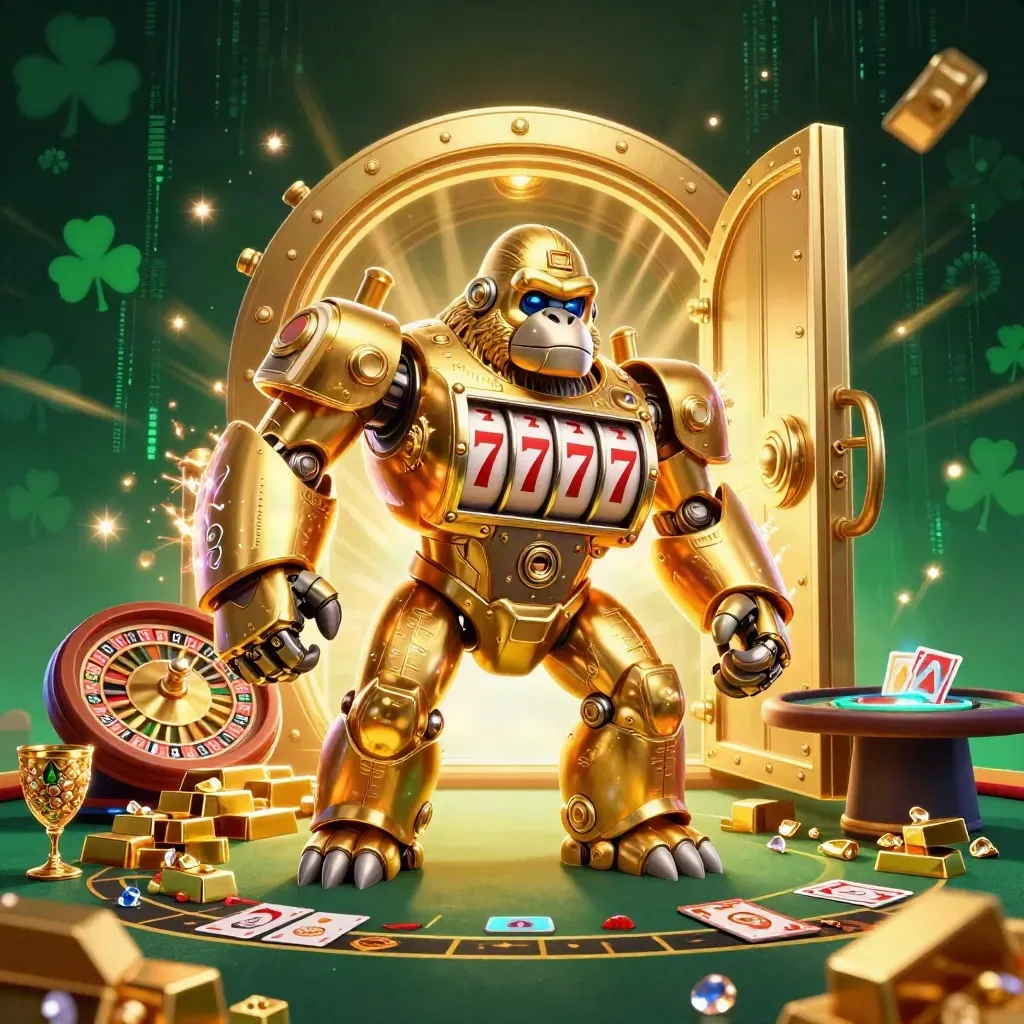 Golden gorilla slot mech with tiny pilot amid vault, gems, cards, and casino glow.