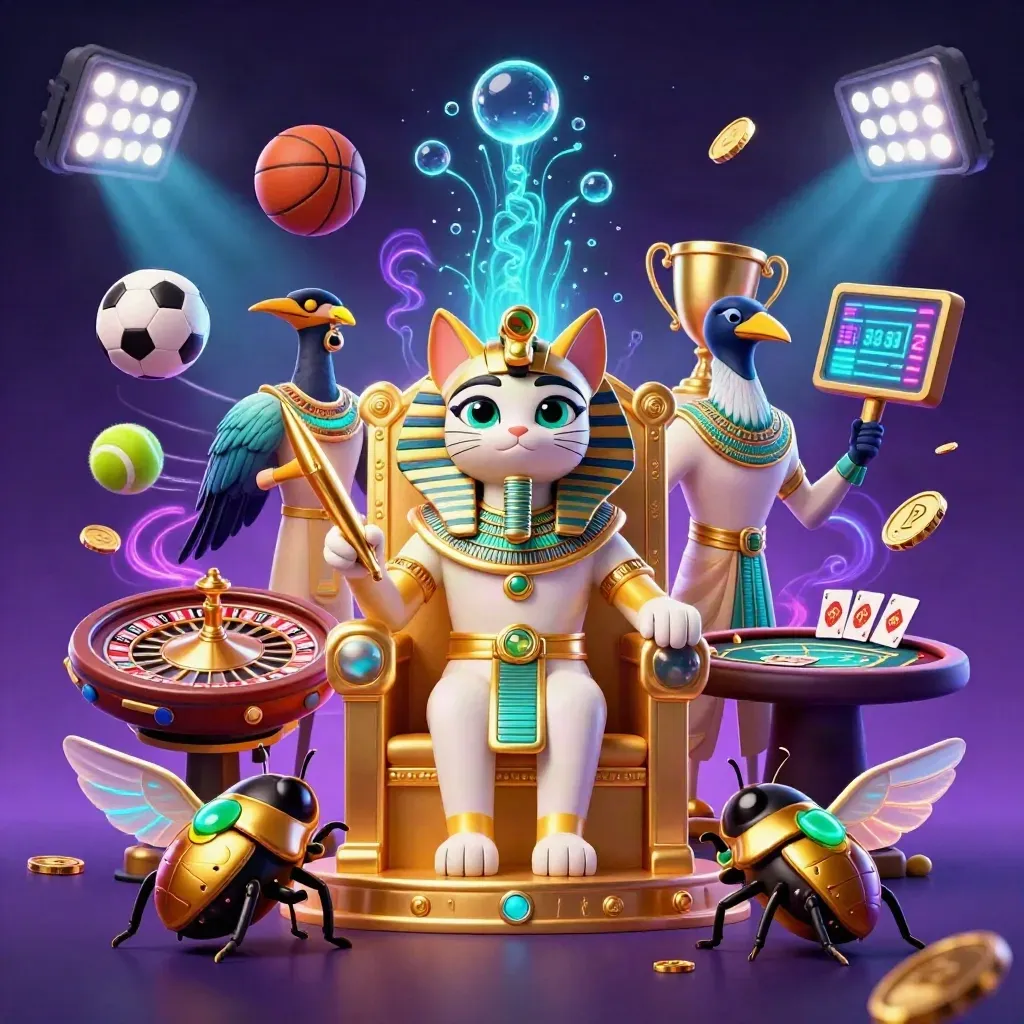 Pharaoh cat, ibis scribe, and scarab beetles amid neon casino effects and flying game icons.