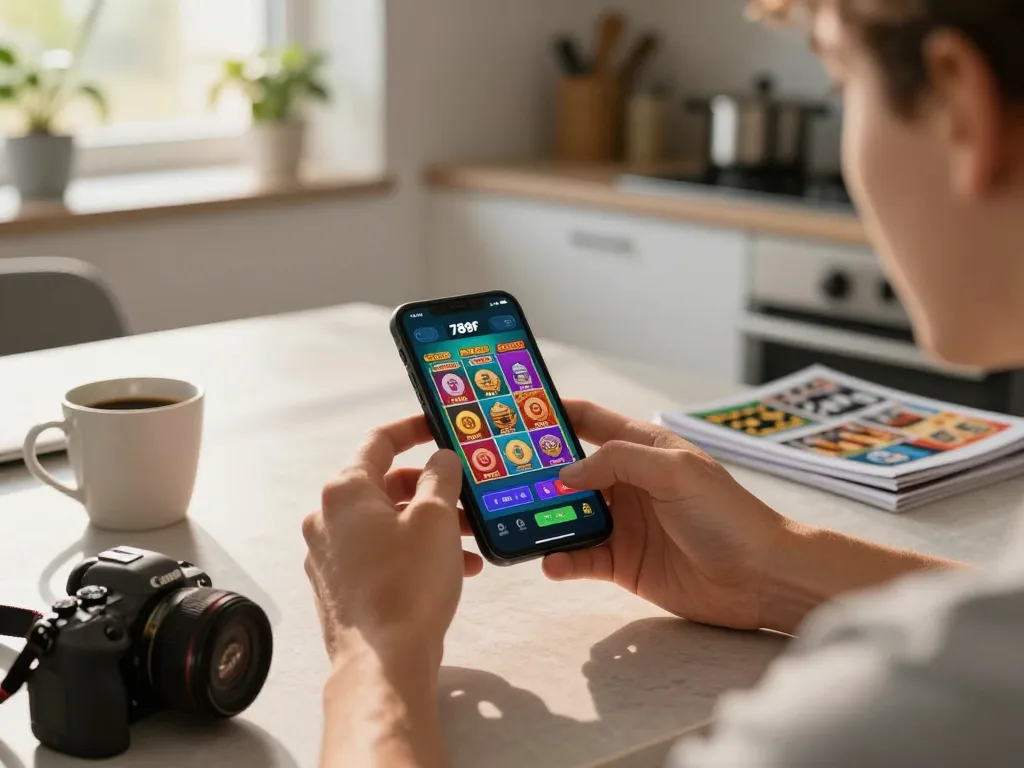 Engaging with the 789f app showcasing exciting slot games in a cozy kitchen setting.