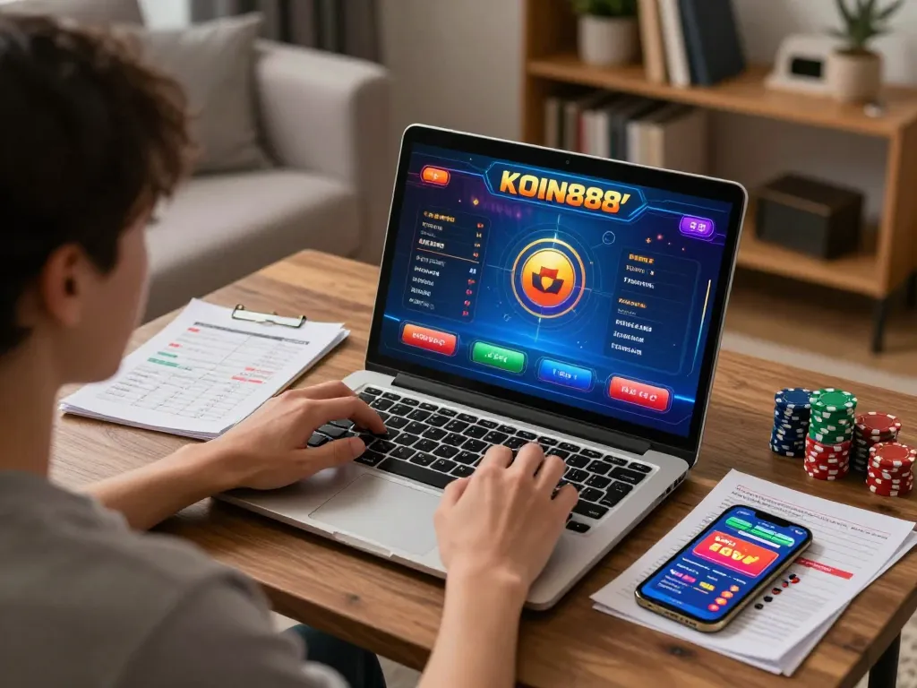KOIN888 aksi dengan seorang pemain yang merancang strategi di laptop selama sesi permainan kasino online.