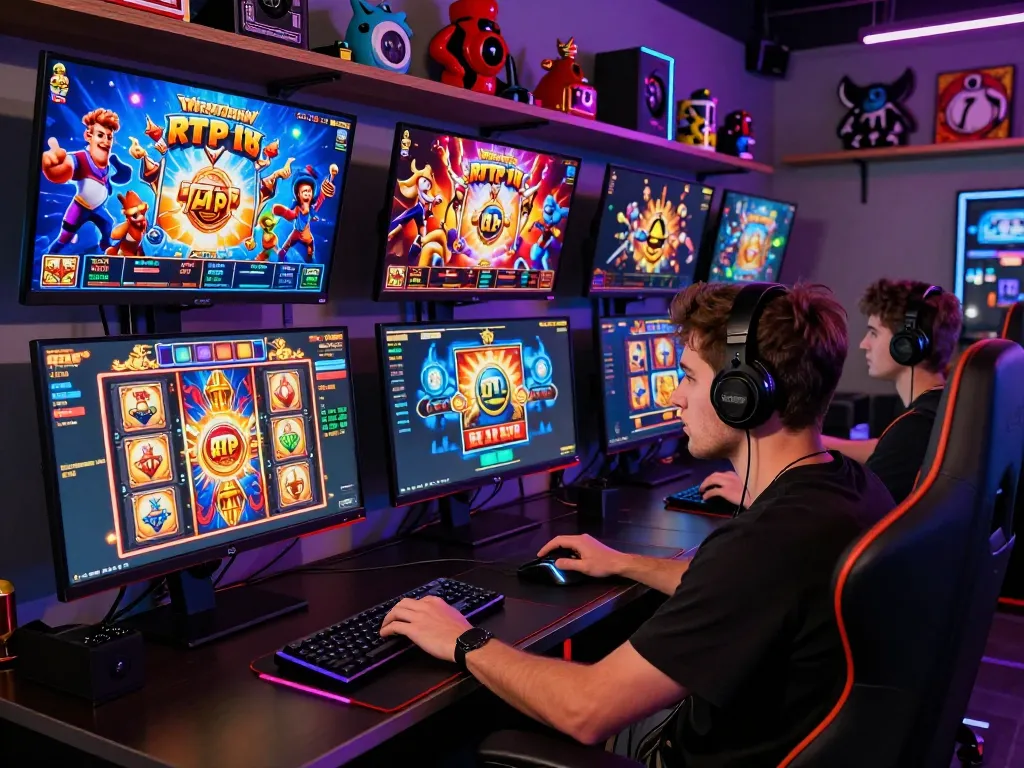 Skena permainan online yang menarik menampilkan slot gacor hari ini dengan grafis warna-warni dan monitor ganda.
