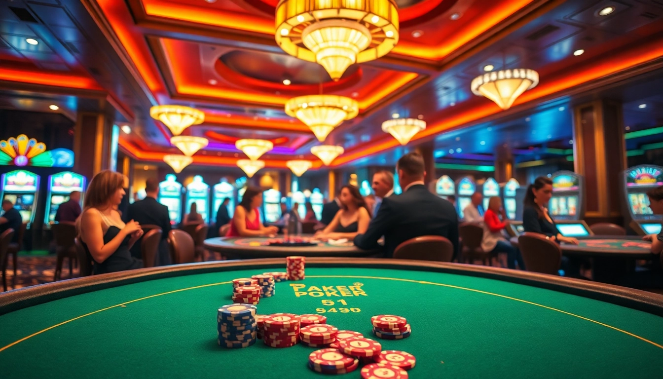 Permainan idnpoker yang seru di kasino dengan meja poker dan pemain yang terlibat.