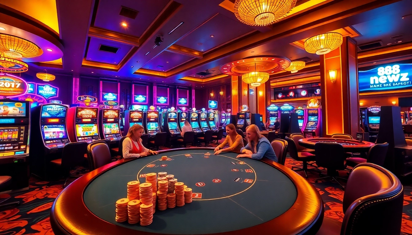 An exciting poker game scene at a luxurious casino highlighting 888newz.com promotions.